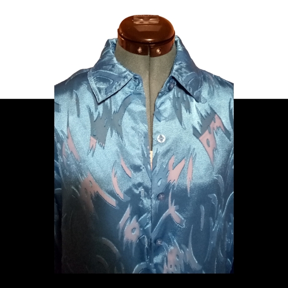 Women's N Touch Size XL Bright Blue Sheer Satin Button Up Long Sleeve Blouse - Picture 5 of 10